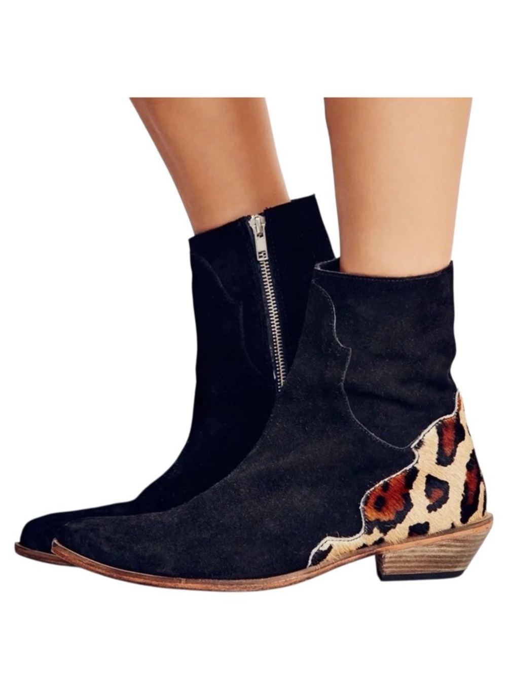 Free People Last Outlaw Black Suede Leopard Calf Hair Cowboy Ankle Boots - 6